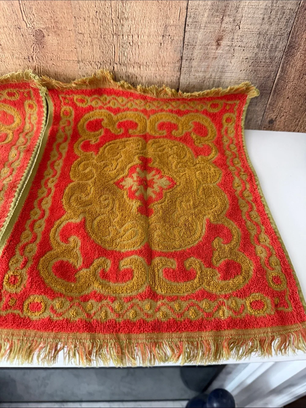 Vintage MCM Ornate Small Hand Towels in Olive Green, Orange and Mustard